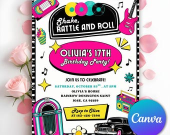 50'S Birthday Invitation, Retro Diner Birthday Invitation, Fifties Birthday Invitation, Retro Birthday Party Invite, Editable Canva Template