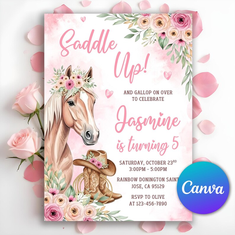 pony birthday invite,COW GIRL INVITE,farm birthday girl,Cowgirl Birthday,white horse invite,blonde horse invite,Cowgirl Invitation,Horse Invitation,Horse Invite,cowgirl party invite,girl farm invitation,floral cowgirl party,pony birthday,floral horse,saddle up,pink rodeo template, pink cowgirl invite, diy nashville party,pony birthday,floral horse,Horse Birthday,floral invitation,cowgirl party,Editable Template,Invitation Template,Digital Invitation