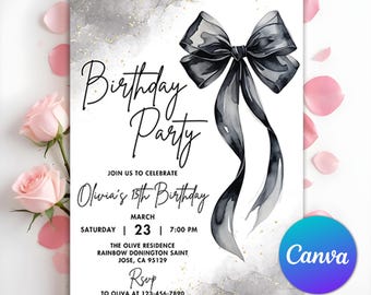 Black Bow Birthday Invitation, Minimalist Black Bow Birthday Invite, Black Ribbon Coquette Any Age Birthday Party, Editable Canva Template