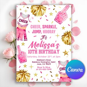 May include: A pink and white birthday party invitation with cheerleader theme. The invitation includes text that says "Cheer, Sparkle, Jump, Hooray" and "Melissa's 10th Birthday". The design features pom-poms, stars, and a cheerleader uniform.