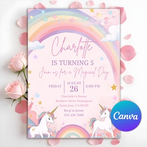 Unicorn Birthday Invitation, Sparkle Magical Party Invitation, Pink Pastel Rainbow Party Invite, Unicorn Party Template, Editable Canva