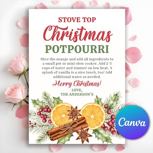 Può includere: Una scheda bianca con il testo "Stove Top Christmas Potpourri" in rosso e verde. La scheda include le istruzioni per fare il pot-pourri, insieme a illustrazioni di arance, bastoncini di cannella e anice stellato. Sono incluse anche le parole "Merry Christmas!".