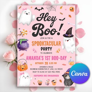 May include: A pink Halloween party invitation with the text "Hey Boo!" and "Spooktacular Party". The invitation features illustrations of ghosts, bats, a cauldron, and a black cat in a witch hat. The text reads "Amanda's 1st Boo-Day".