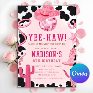 Cowgirl Birthday Invitation, Nashville Party, Pink Cowgirl Party Invite, Space Cowgirl Birthday, Disco Rodeo Invite, Editable Canva Template