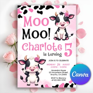 Holy Cow Im One Holy Cow Invitation, Holy Cow Birthday, 1st Birthday Invite, Girl Barnyard Party, Cowgirl Invitation,Editable Canva Template