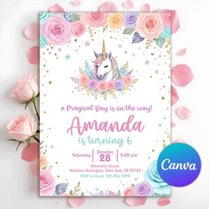 Unicorn Birthday Invitation, Pink Pastel Rainbow Party Invite, Sparkle Magical Party Invitation, Unicorn Party Template, Editable Canva