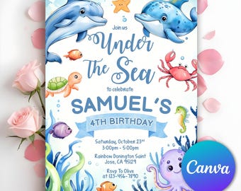 May include: A whimsical invitation with an "Under the Sea" theme, featuring illustrations of dolphins, a crab, and other marine life. The invitation is for Samuel's 4th birthday, with event details and the Canva logo.