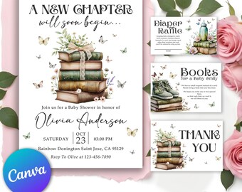 Paquete para baby shower "Un nuevo capítulo", conjunto de invitaciones para baby shower "Su próximo capítulo comienza", baby shower de cuentos, baby shower con temática de libros, Canva editable