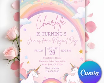 Unicorn Birthday Invitation, Sparkle Magical Party Invitation, Pink Pastel Rainbow Party Invite, Unicorn Party Template, Editable Canva