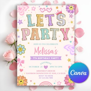 May include: A rectangular birthday party invitation card featuring the text LETS PARTY in glittery pastel letters. The design includes colorful graphics of smiley face flowers, butterflies, hearts, stars, and a crown. It lists details for Melissa's 7th birthday party on October 23, including the location, time, and RSVP contact information.