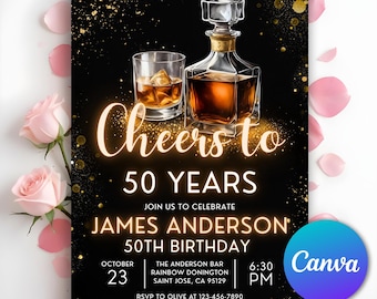 Whiskey Birthday Invitation, Surprise Party Adult, Whiskey & Cigar Themed Birthday Party Invitation, Cognac Scotch Liquor, Editable Canva