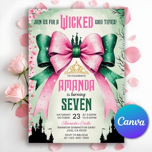 Wicked Geburtstagsfeier-Einladung, Wicked Party-Einladung, Rosa und grüne Party, Wicked Party Movie Ticket Party, bearbeitbare Canva-Vorlage