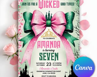Wicked verjaardagsuitnodiging, uitnodiging voor feest, Wicked Party, roze en groen feest, Wicked Party Movie Ticket Party, bewerkbare canvassjabloon