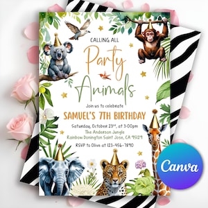 Party Animals Birthday Invitation, Jungle Birthday Invitation, Safari Birthday Invitation, Animal Birthday Party, Zoo Invite, Editable Canva