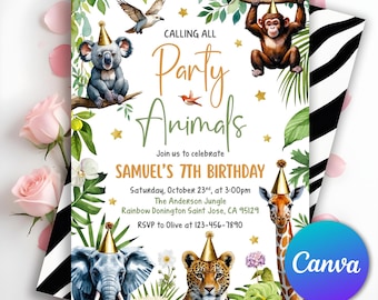 Könnte beinhalten: Eine Einladung zur Party mit Illustrationen von Dschungeltieren, darunter ein Koala, ein Affe, ein Elefant, eine Giraffe und ein Leopard, alle mit Partyhüten. Der Einladungstext lautet "Calling All Party Animals" und kündigt einen 7. Geburtstag an.