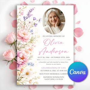 May include: A memorial card featuring a circular portrait of an older person, watercolor floral illustrations in pink, purple, and white, and text reading In Loving Memory of Olivia Anderson, July 20, 1946 - October 10th, 2026, Celebration of Life.