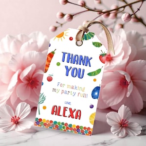 May include: White thank you tag with colorful fruit and vegetable illustrations. The text reads "Thank You for making my party full! Love, Alexa".