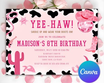 Invitación de cumpleaños de vaquera con paisaje, fiesta de Nashville, invitación de fiesta de vaquera rosa, cumpleaños de vaquera espacial, invitación de rodeo disco, Canva editable