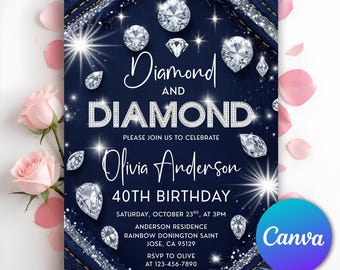 Denim and Diamonds Birthday Invitation, Denim Birthday Dinner Invites, Blue Jeans Bling, Elegant Women Invitation, Editable Canva Template