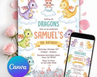 Dragon Birthday Invitation, Fantasy Dragon Birthday Invitation, Boy Castle Dragon Party, Magical Creatures Birthday Party, Editable Canva