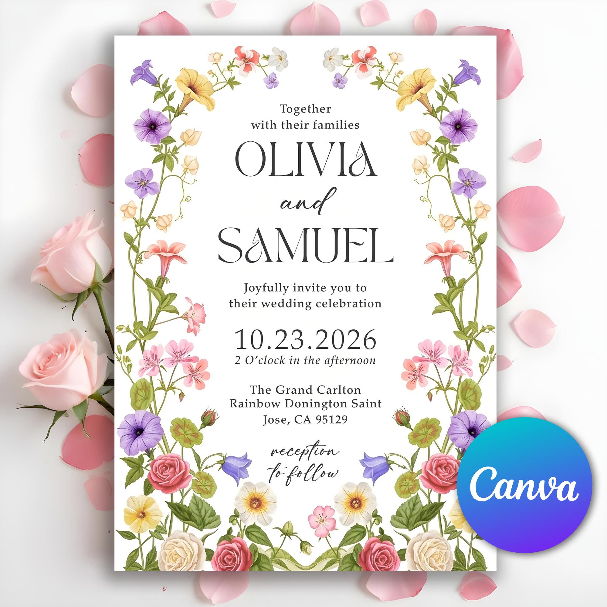 Wildflower Wedding Invitation, Garden Flowers Spring Floral, Colourful Flowers Wedding Invitation, Elegant Bright Floral, Editable Canva