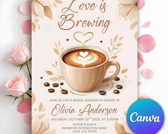 Invitación para despedida de soltera "Love is Brewing", despedida de soltera con café, invitación para amantes del café, temática de café, fiesta de espresso, Canva editable