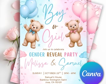 Gender Reveal Invitation, Teddy Bear Gender Reveal Invitation, Pink And Light Blue He or She, Gender Reveal Party Invitation, Editable Canva