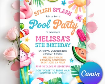 May include: A colorful pool party invitation with watercolor illustrations of a flamingo, sun, and watermelon. The text reads "Splish Splash Pool Party" to celebrate Melissa's 5th birthday. Includes date, time, and RSVP information.
