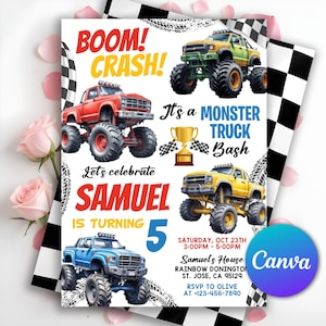 Invito di compleanno Monster Truck, invito Monster Truck per bambini, Boom Crash It's A Monster Truck Bash! Compleanno per bambini, modello Canva modificabile