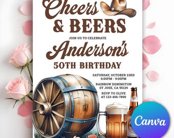 Cheers and Beers Invitation, Western, Birthday Invitation for Men, Adult Invite, Surprise Beer Party 30th 40th 50th Invite, Editable Canva