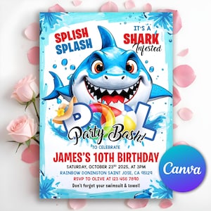 Shark Pool Party Invitation, Pool Party Shark Birthday Invite, Shark Invitation, Shark Birthday Invitation, Shark Invites, Editable Canva