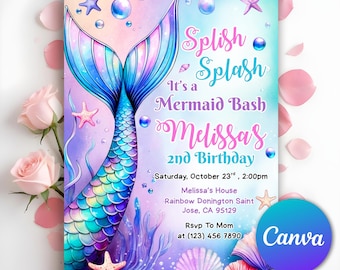 May include: A mermaid-themed birthday invitation with a vibrant watercolor design. The invitation features a mermaid tail, starfish, and bubbles, with the text "Splish Splash, It's a Mermaid Bash, Melissa's 2nd Birthday".