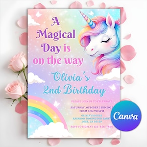 Unicorn Birthday Invitation, Pastel Rainbow Party Invite, Sparkle Design Invitation, Rainbow Unicorn Birthday Party Invite, Editable Canva