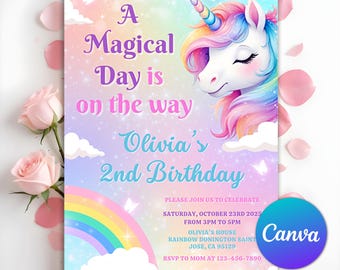 Einhorn-Geburtstags-Einladung, Pastellregenbogen-Party einladen, Sparkle-Design-Einladung, Regenbogen-Einhorn-Geburtstags-Party einladen, bearbeitbare Canva