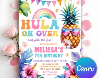 Hula on Over Birthday Invitation, Girl Tropical Hawaiian Aloha Party Invite, Luau Party Invite, Tropical Birthday Invitation, Editable Canva