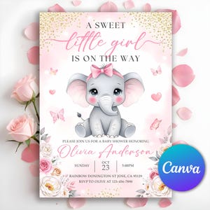 Puede incluir: Invitación a baby shower rosa y dorada con un elefante gris con lazo rosa, mariposas y detalles florales. El texto dice "A Sweet Little Girl Is On The Way" e incluye los detalles del baby shower de Olivia Anderson.