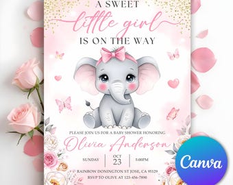 Girl Elephant Baby Shower Invitation, Gold Glitter A Sweet Little Girl Elephant Baby Shower, Rose Pink Baby Elephant Invite, Editable Canva