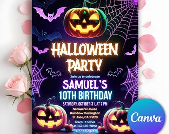 May include: A Halloween party invitation with a dark background, featuring glowing pumpkins, bats, and spiderwebs. The text reads "Halloween Party" and "Samuel's 10th Birthday." The Canva logo is in the bottom right corner.