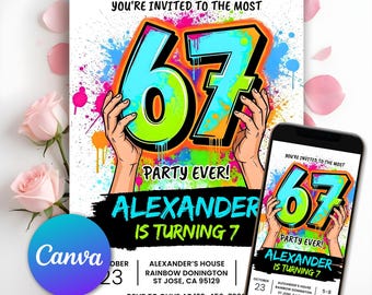 Six Seven Birthday Party Invitation, 6 7 Meme Birthday, I was 6 now I'm 7 Party Invite, Graffiti Kids Birthday Invitation, Editable Canva