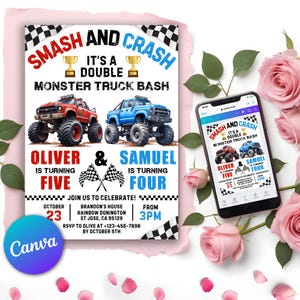 monster jam birthday,dirty,monster truck party,monster truck invite,monster truck card,monster truck bday,monster trucks,monster truck theme,big trucks,truck invitation,boy joint invite,siblings birthday,double invitation