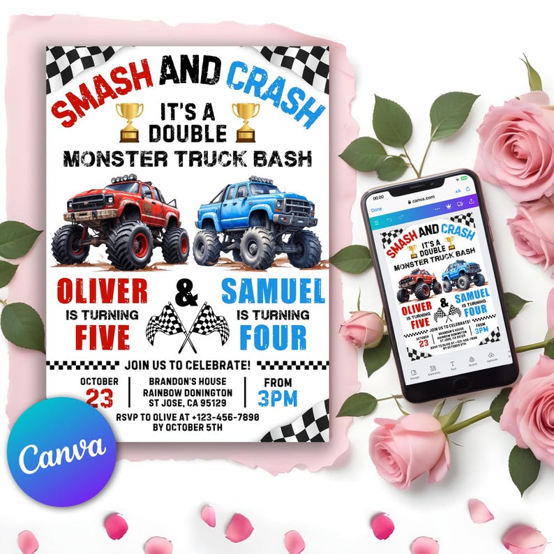monster jam birthday,dirty,monster truck party,monster truck invite,monster truck card,monster truck bday,monster trucks,monster truck theme,big trucks,truck invitation,boy joint invite,siblings birthday,double invitation