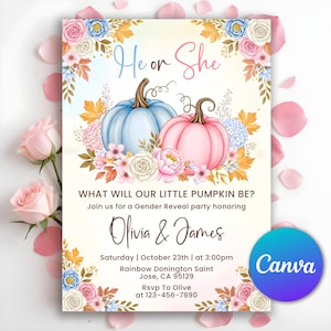 Puede incluir: Invitación a una fiesta de revelación de género con dos calabazas, una azul y otra rosa, y el texto "He or She". La invitación incluye los nombres Olivia & James, la fecha, la hora y el lugar, con detalles florales.