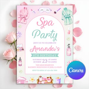 Uitnodiging voor spa-feestje, verwen verjaardagsfeestje glamour, spa meisjes verjaardagsuitnodiging, Tween verjaardagsfeestje spa uitnodigen, bewerkbare canva-sjabloon