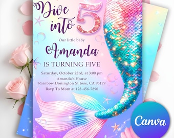 Dive Into Five 5th Birthday Mermaid Invitation, Purple Blue Teal Pink Under The Sea Invite, Glitter Editable Birthday Invite, Editable Canva