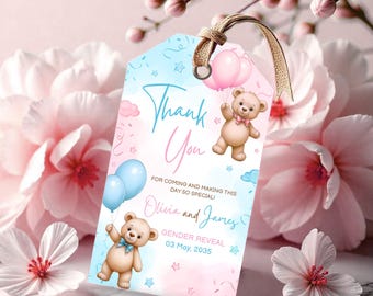 May include: A gender reveal tag with a watercolour design in pink and blue. The tag features teddy bears holding balloons and the text "Thank You" and "Olivia and James". The date of the gender reveal is 3 May, 2035.