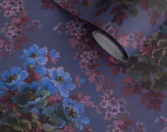 May include: A roll of blue floral wallpaper with a repeating pattern of blue flowers and burgundy leaves. The wallpaper has a vintage aesthetic.