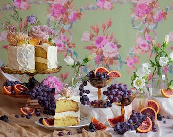 ROLL- The Queen's Prized Roses- Pistachio Macaron - Soft Seafoam Mint Sage Green Pink Bright Bow Cottagecore Floral Wallpaper- Made To Order