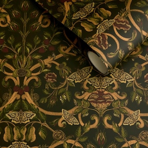 May include: Dark green wallpaper roll with a repeating pattern of gold-colored vines, leaves, moths, and flowers. The design has a vintage aesthetic, with a rolled-up portion visible, showcasing the pattern's continuity.