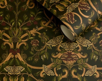 May include: Dark green wallpaper roll with a repeating pattern of gold-colored vines, leaves, moths, and flowers. The design has a vintage aesthetic, with a rolled-up portion visible, showcasing the pattern's continuity.