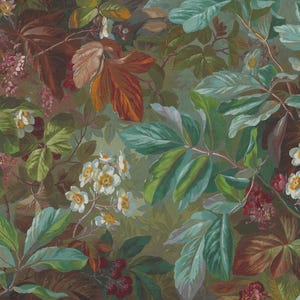 May include: A detailed botanical illustration featuring a lush forest scene. The artwork showcases a variety of leaves in shades of green, brown, and orange, with delicate white flowers and red berries. The background has a soft, muted blue and brown color palette.